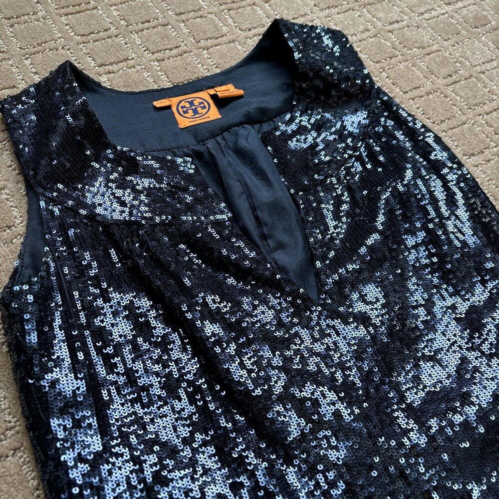 Tory Burch Sequin Cocktail Dress Womens 2 Sleeveless Metallic Navy Blue Silk NYE - Picture 5 of 11